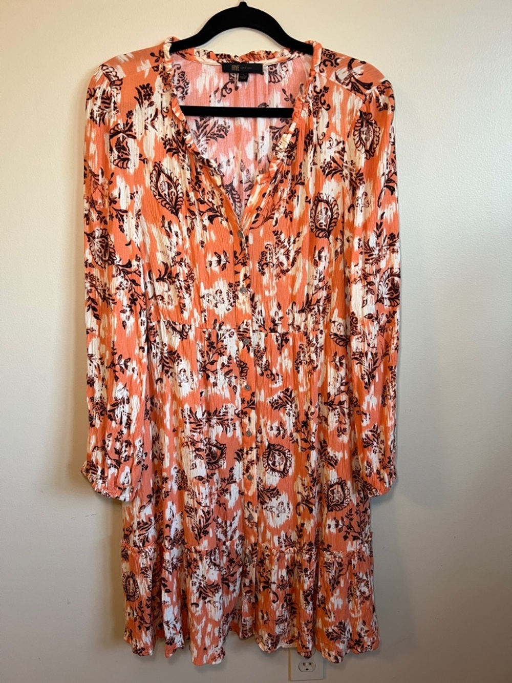 Frye Floral Boho Peasant Mini Dress Coral Pink Long Sleeve Cottagecore Large